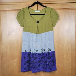 Short Sleeve Olive Grey Purple Floral Color Block Knit Dress - XS